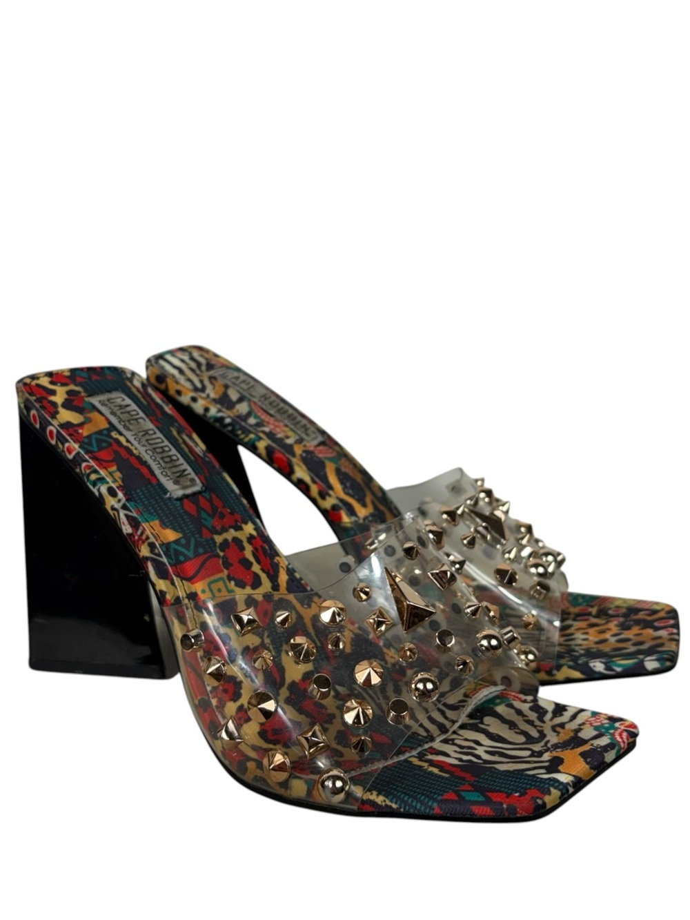 Cape Robbin Triangle Heel Gold Studded Funky Art Deco Colorful Block Heels 10